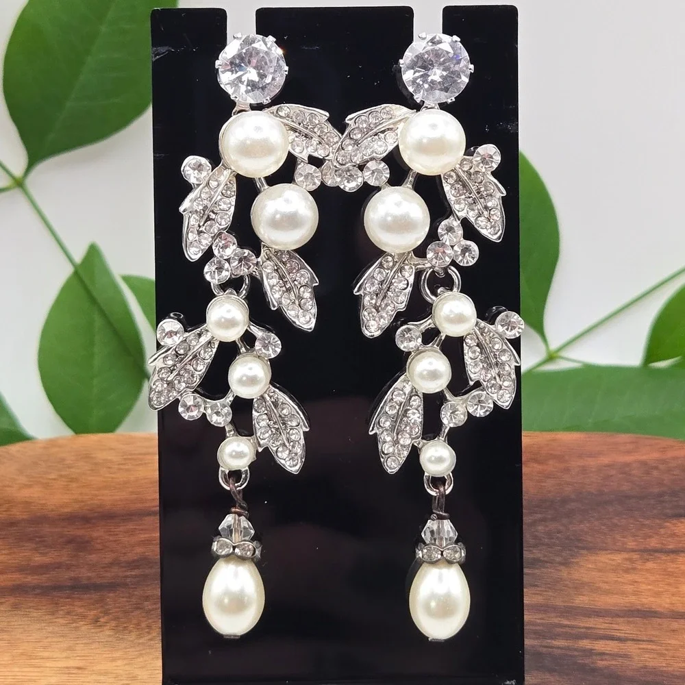Silver Tone Faux Pearl Rhinestone Leaf Vine Chandelier Drop Statement Earrings